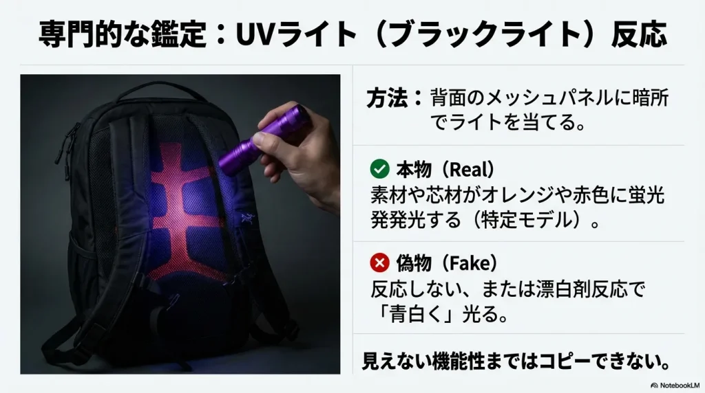 マンティス2の背面メッシュにUVライトを当てた際の反応。本物はオレンジや赤に発光し、偽物は反応しないか青白く光る。