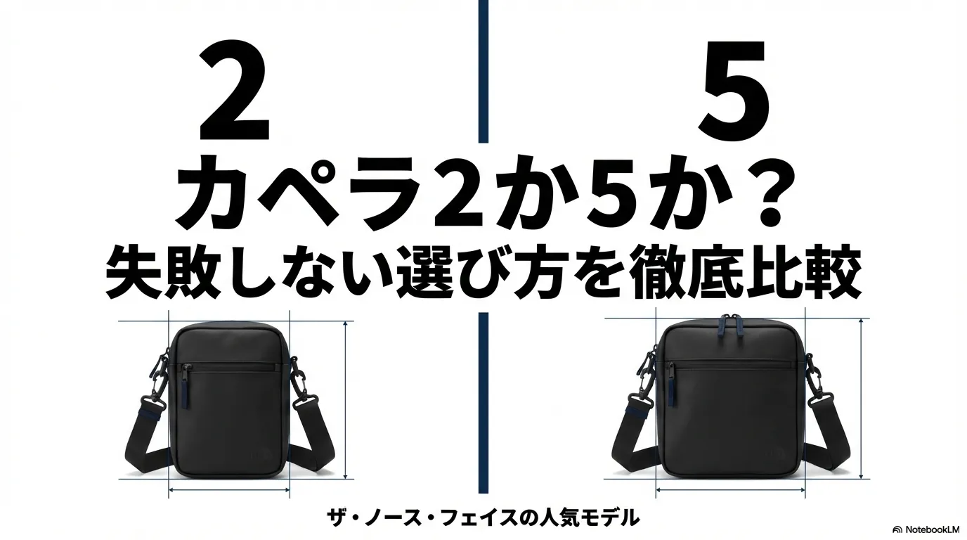 ザ・ノース・フェイスの人気モデル「カペラ2」と「カペラ5」を並べてサイズ感の違いを比較しているスライド。