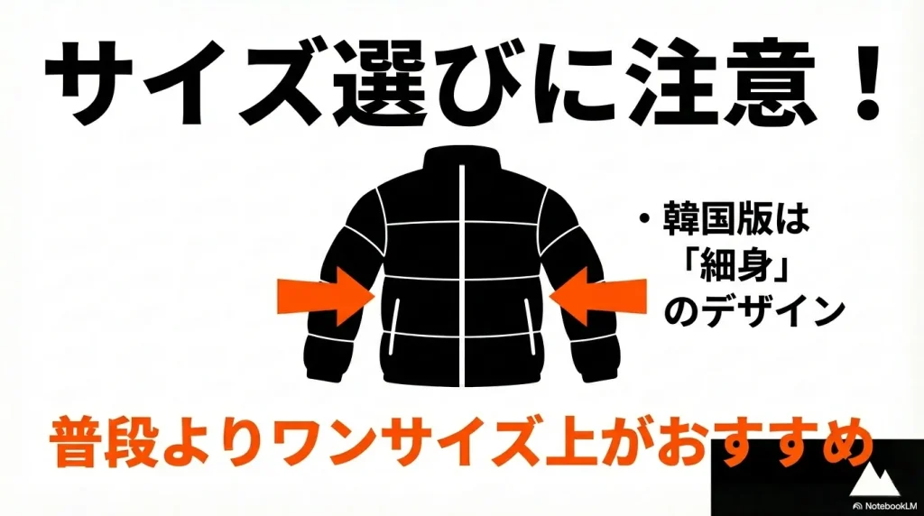韓国版は細身のデザインのためワンサイズ上がおすすめであることを示す図