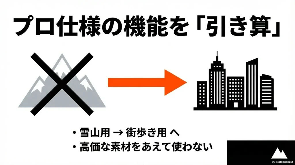 雪山用から街歩き用へ機能を「引き算」してコストダウンするイメージ図