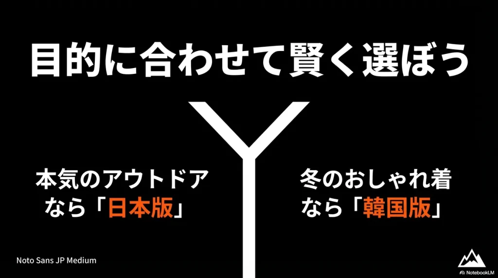 本気のアウトドアなら日本版、冬のおしゃれ着なら韓国版を推奨するまとめ図