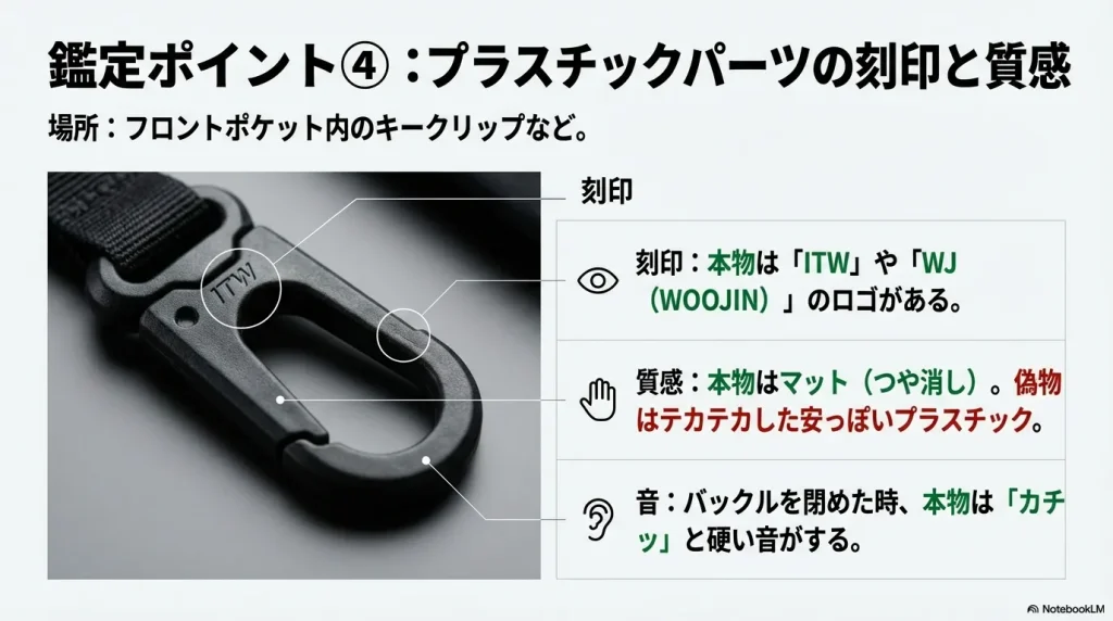 フロントポケット内のキークリップにあるITWやWJの刻印。本物はマットな質感で、偽物は光沢があるプラスチック。