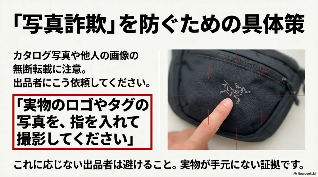 カタログ画像の転載を防ぐため、実物のロゴやタグに指を入れて撮影するよう出品者に依頼する方法。