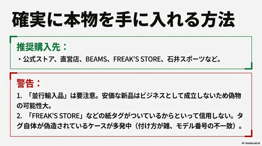 アークテリクス公式、BEAMS、石井スポーツなどの推奨購入先と、並行輸入品や偽造タグのリスク警告。