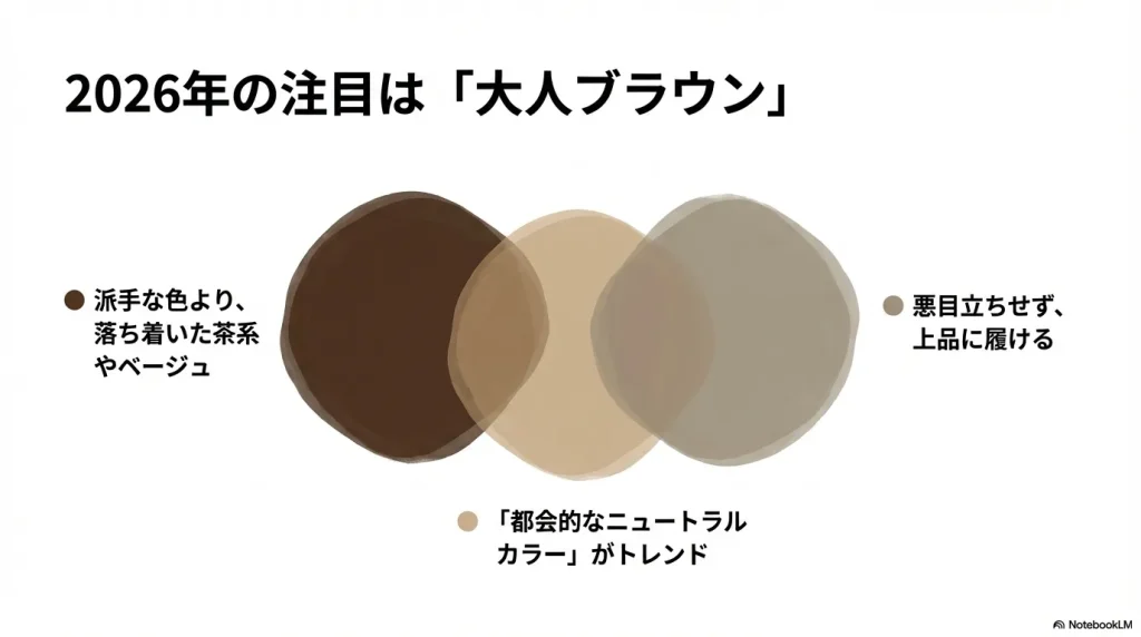 2026年は派手な色より落ち着いた茶系やベージュなどの「都会的なニュートラルカラー」がトレンドであることを示すスライド 。