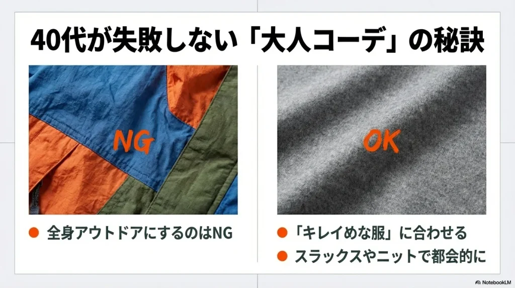全身アウトドアはNG、スラックスやニットなどキレイめな服に合わせるのがOKという、40代向けの大人コーデの秘訣 。