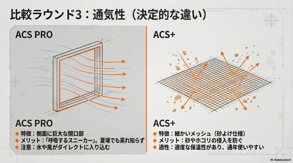 巨大な開口部で「呼吸する」ACS PROと、砂の侵入を防ぎつつ適度な保温性を持つACSプラスの通気設計の違い。