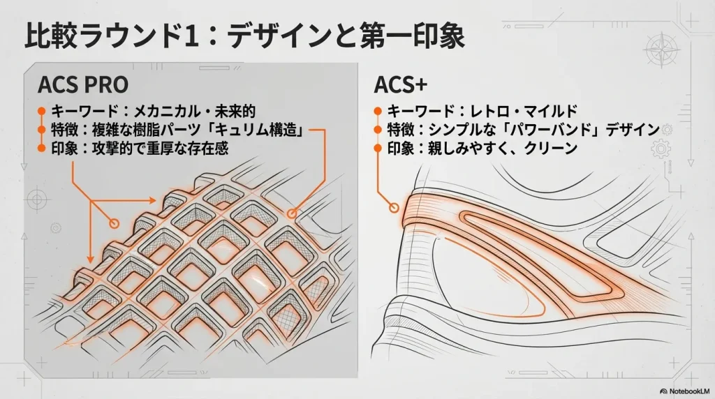 複雑なキュリム構造を持つ攻撃的なACS PROと、シンプルなパワーバンドデザインで親しみやすいACSプラスのデザインの違い。