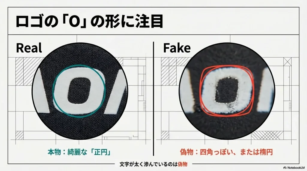 本物は綺麗な正円、偽物は四角っぽいまたは楕円で文字が太く滲んでいるロゴの比較