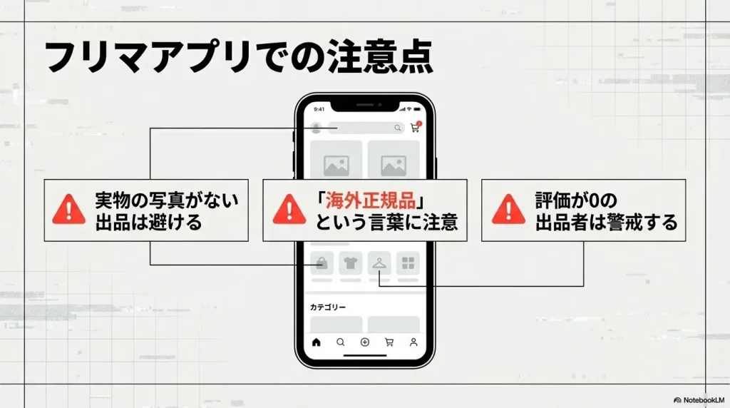 実物の写真がない、「海外正規品」という言葉、評価0の出品者に注意を促すスマホ画面のイラスト