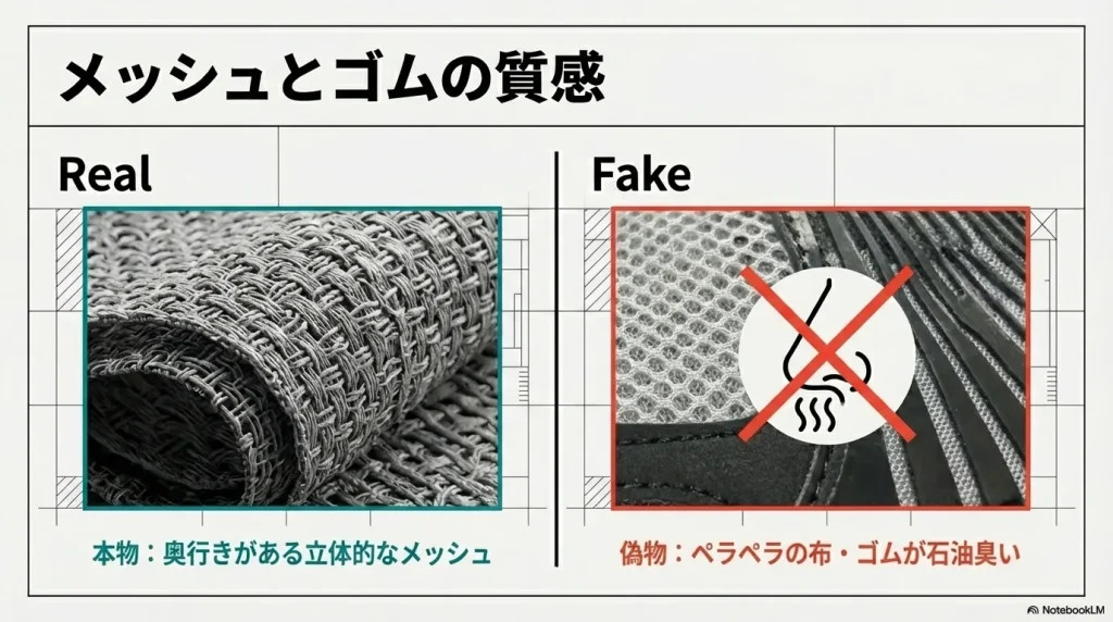本物の奥行きがある立体的なメッシュと、偽物のペラペラな布素材の質感の違い
