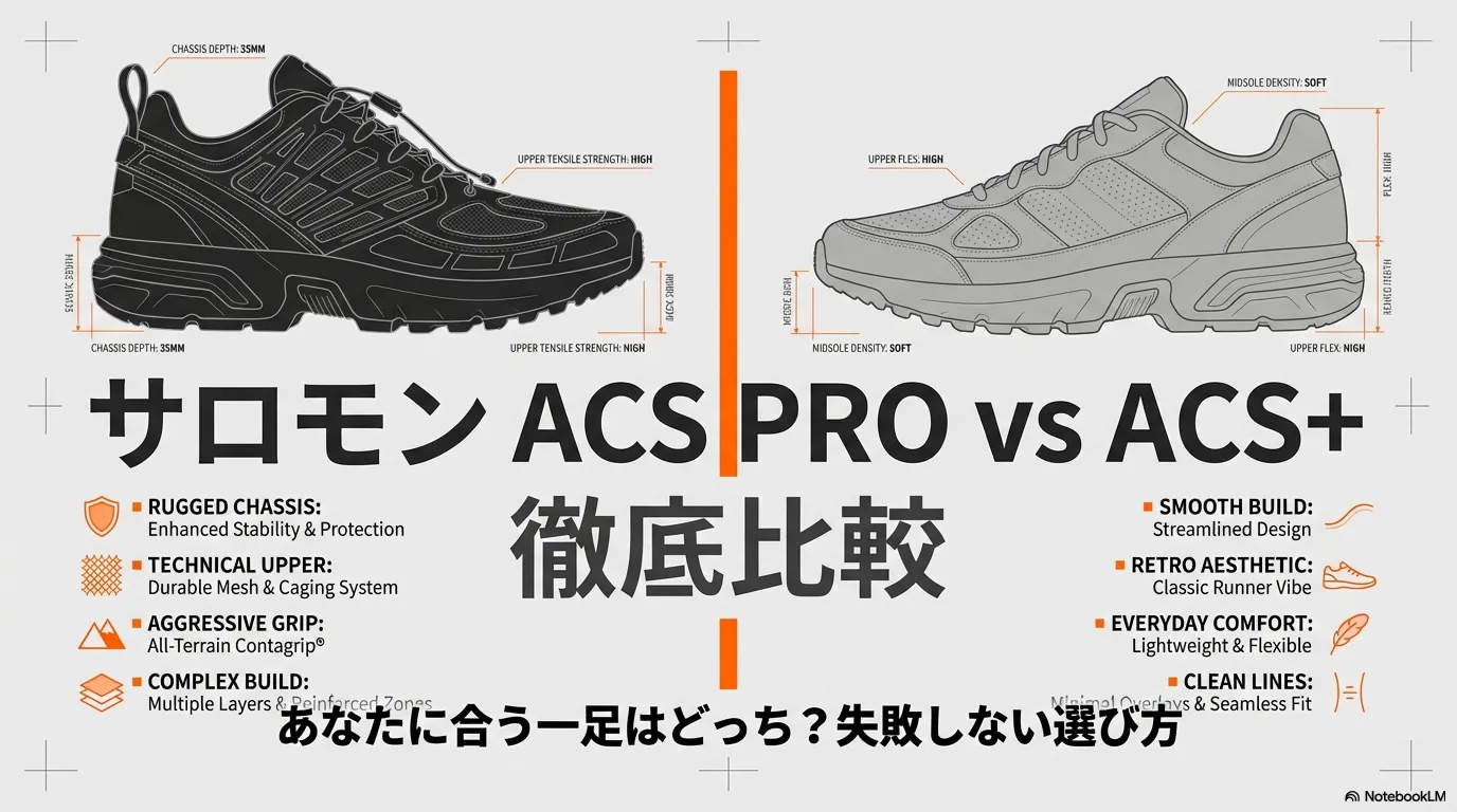 サロモンACS PROとACSプラスの外観図と、それぞれの主要な特徴（安定性、デザイン性、快適性など）をまとめた比較スライド。