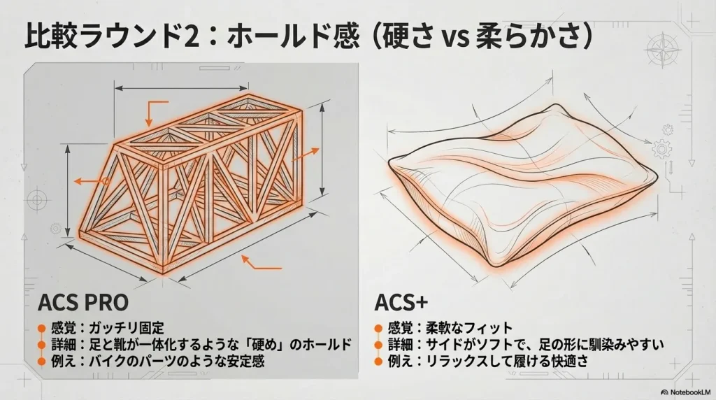 足と靴が一体化する硬めのホールド感のACS PROと、足の形に馴染みやすい柔軟なフィット感のACSプラスを比較した図解。