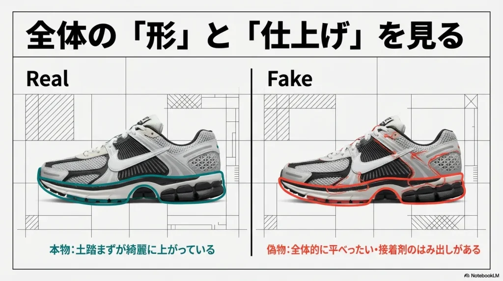 本物は土踏まずが綺麗に上がっており、偽物は全体的に平べったく接着剤のはみ出しがあることを示す比較画像