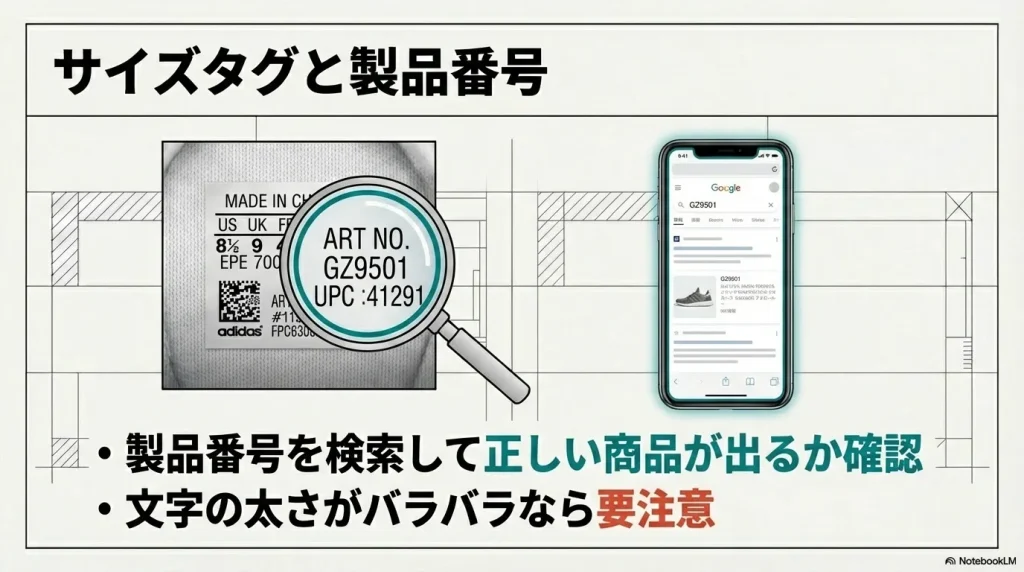 製品番号を検索して正しい商品が出るか、文字の太さがバラバラでないかを確認するサイズタグの例