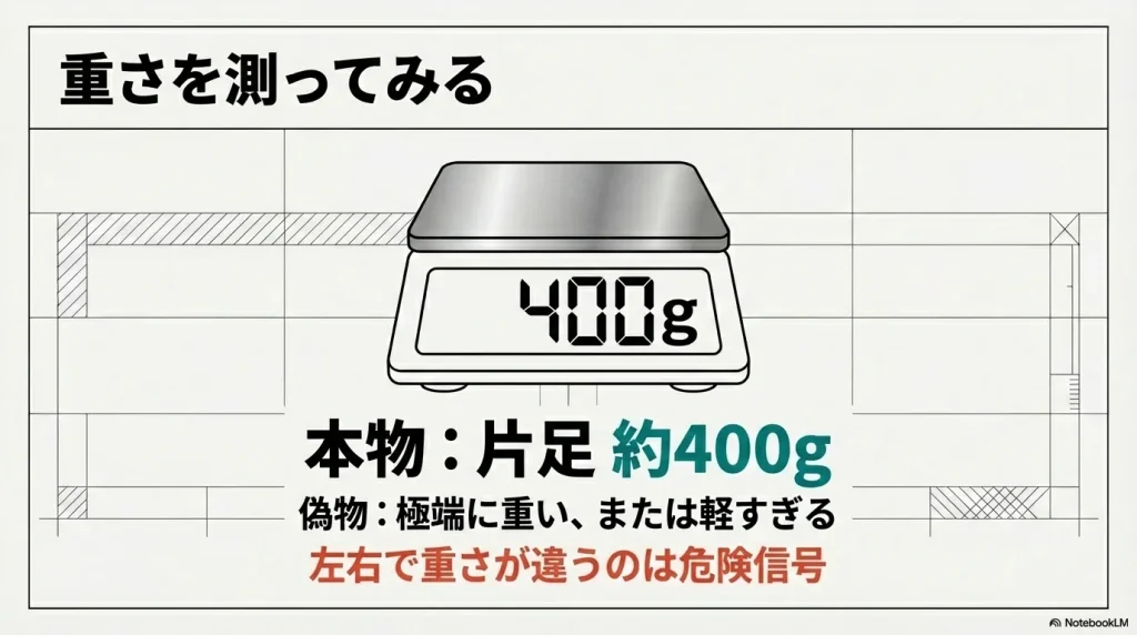 本物は片足約400gであり、偽物は極端に重いか軽い、または左右で重さが違うという警告