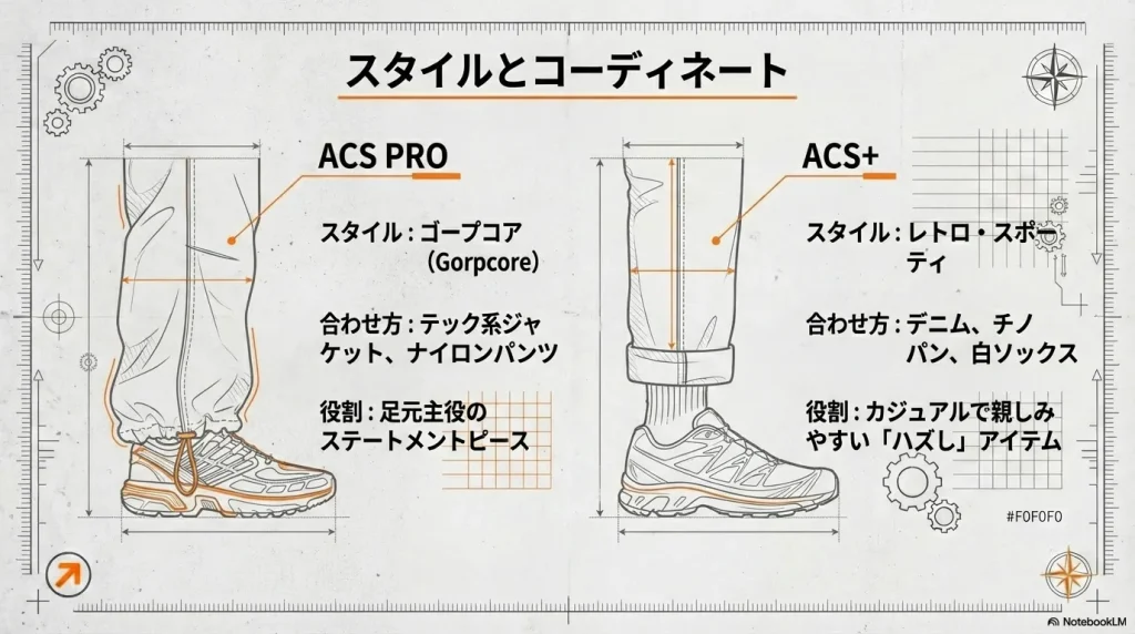 テック系に合わせるACS PROと、デニムやチノパンに合わせるレトロなACSプラスのスタイリングと役割の解説。
