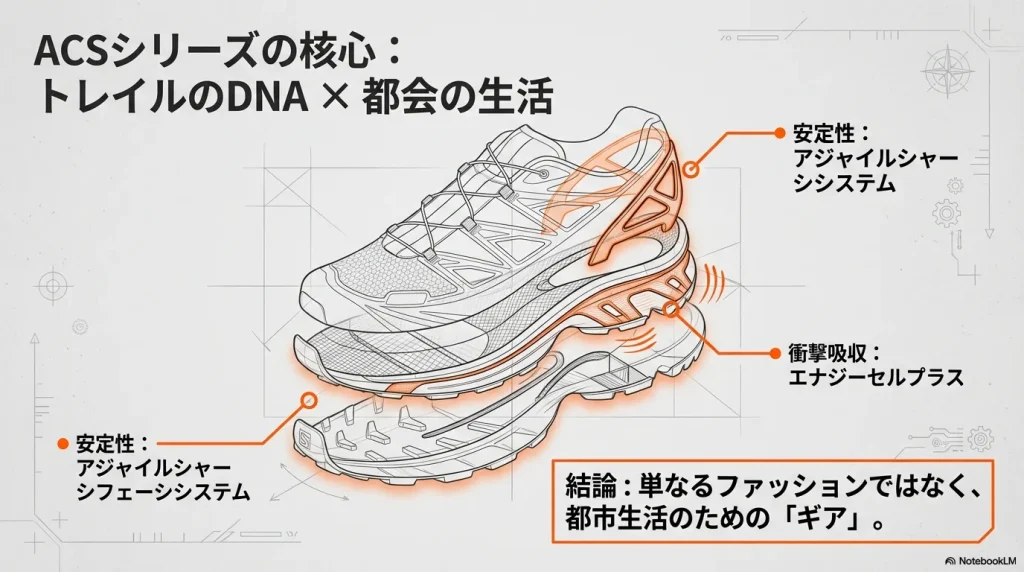 安定性を生むアジャイルシャーシシステムと衝撃吸収を担うエナジーセルプラスの役割を解説し、都市生活のためのギアであることを示す概念図。