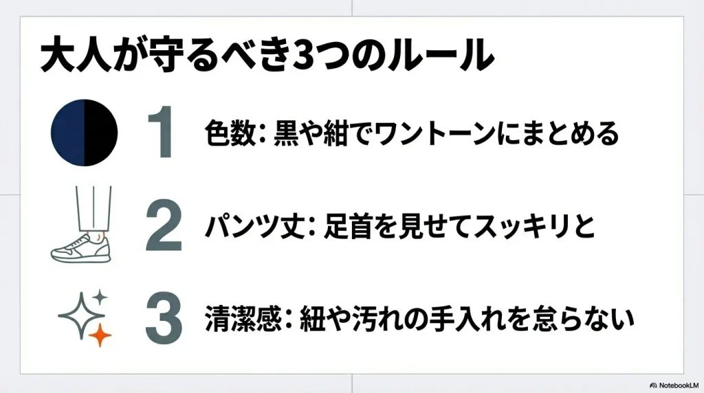 1.色数を絞る、2.パンツ丈をスッキリさせる、3.清潔感を保つという、大人が守るべき3つのルール 。