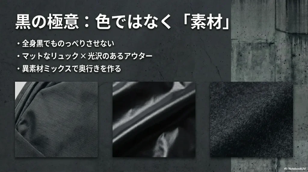黒の極意は素材選び ：マットなリュックと光沢のあるアウターを合わせるなど 、異素材ミックスで全身黒でも奥行きを作る方法 。