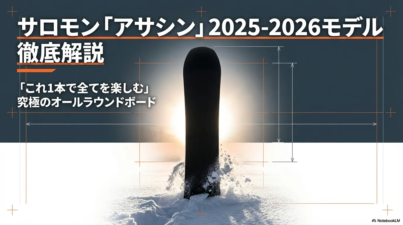 サロモン「アサシン」2025-2026モデル徹底解説スライドの表紙。究極のオールラウンドボードというキャッチコピー。