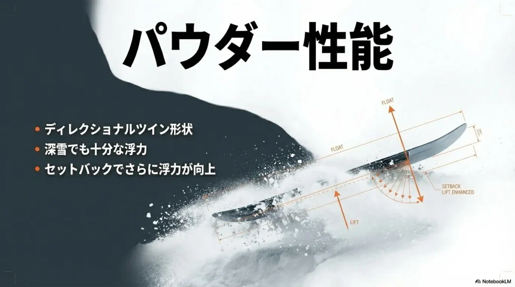 ディレクショナルツイン形状とセットバックによるパウダーでの浮力向上についての解説スライド。