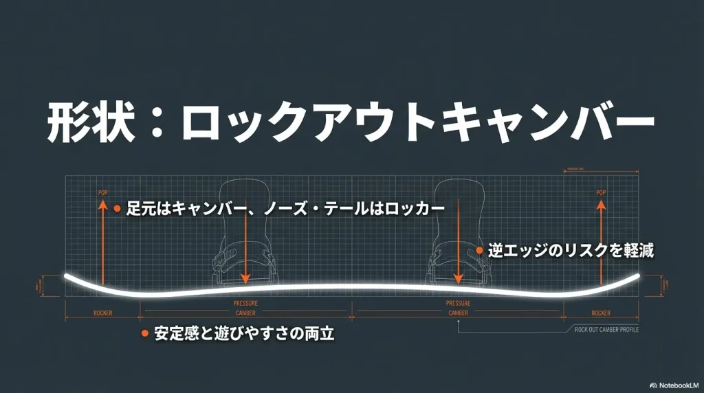 ロックアウトキャンバーの形状図解。足元はキャンバー、ノーズとテールはロッカーで逆エッジのリスクを軽減する構造。