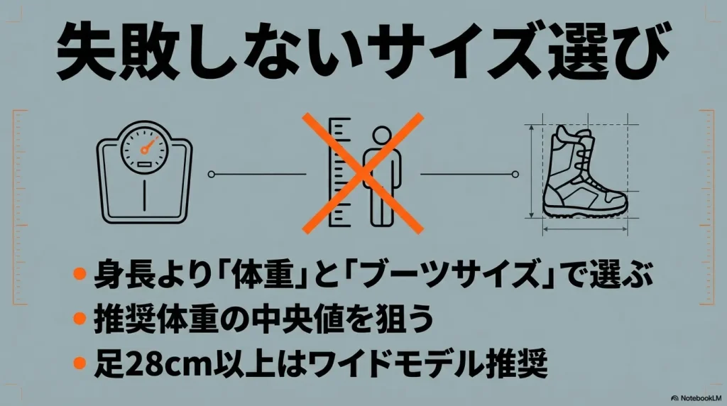 体重とブーツサイズを基準にしたサイズ選びのガイド。推奨体重の中央値を狙うことや、28cm以上はワイドモデルを推奨。
