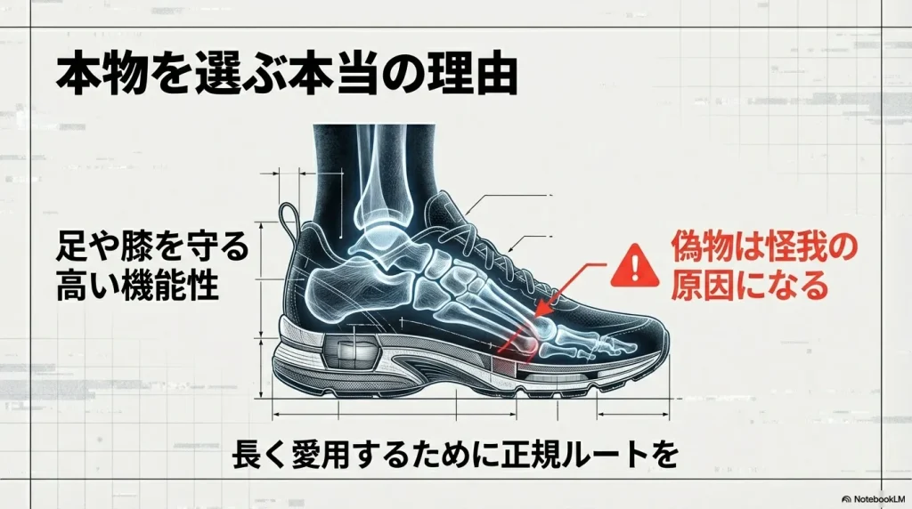 正規品は高い機能性で足や膝を守るが、偽物は怪我の原因になることを示す足の骨格透視イラスト