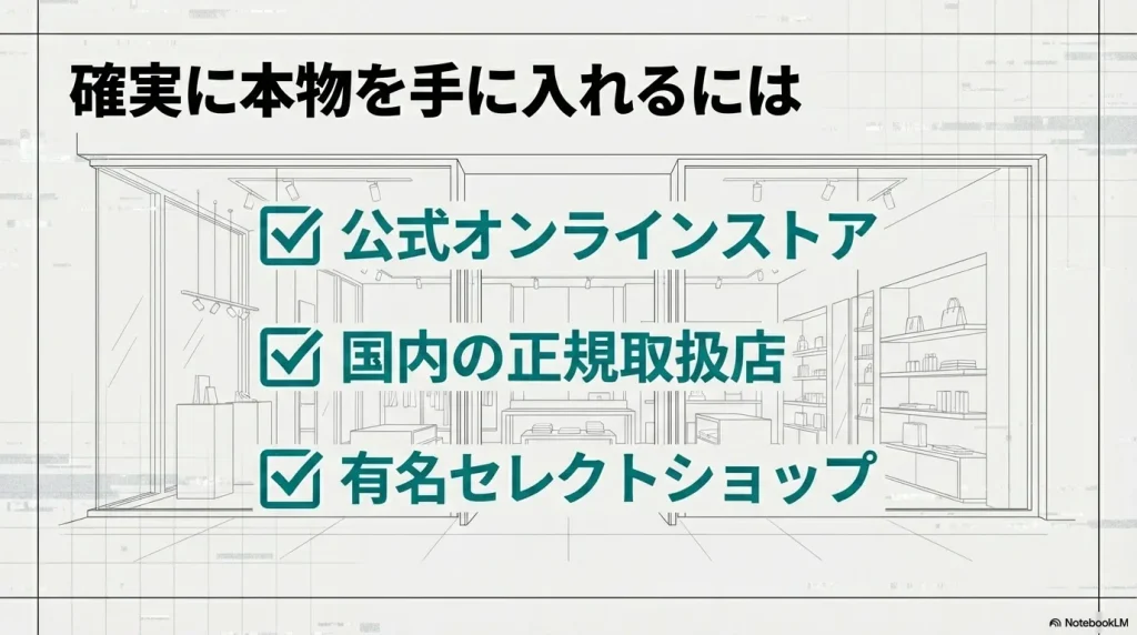 公式オンラインストア、国内の正規取扱店、有名セレクトショップで購入することを推奨するチェックリスト