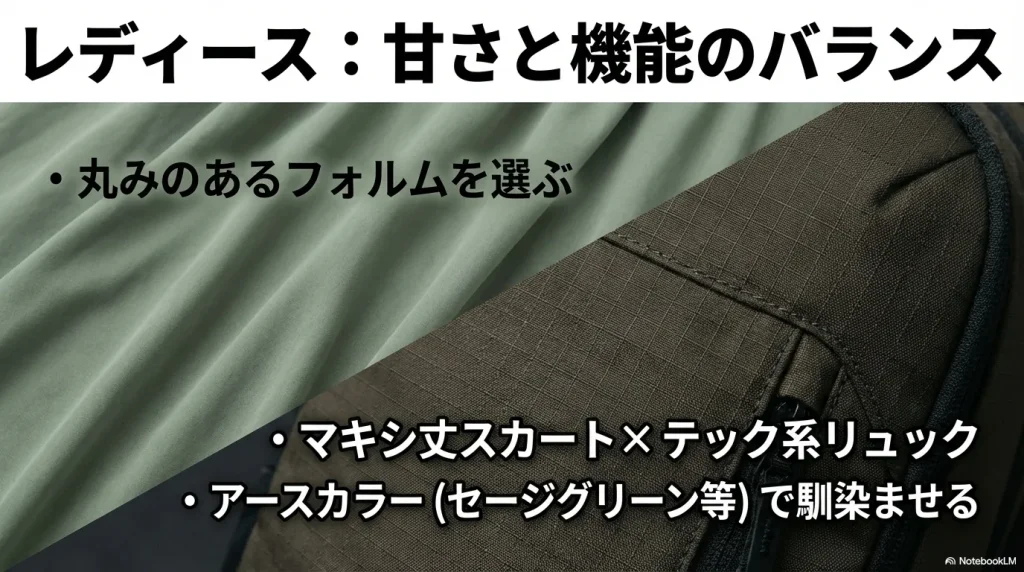 レディース向け選び方のポイント：丸みのあるフォルム選び 、マキシ丈スカートとテック系リュックの合わせ、アースカラー（セージグリーン等）の活用 。