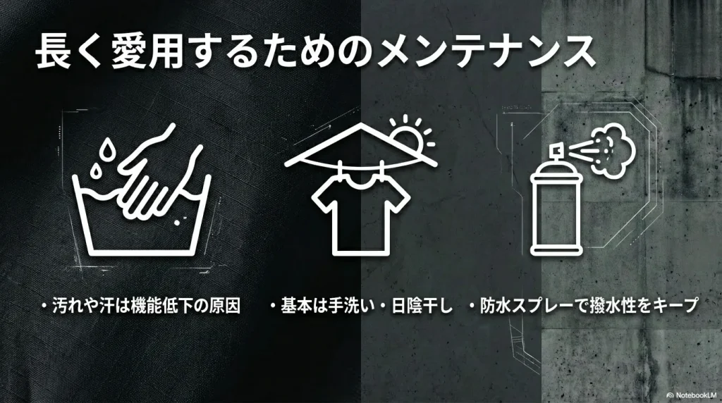 メンテナンスの基本 ：汚れや汗は機能低下の原因となるため 、基本は手洗い・日陰干しを行い、防水スプレーで撥水性をキープする 。