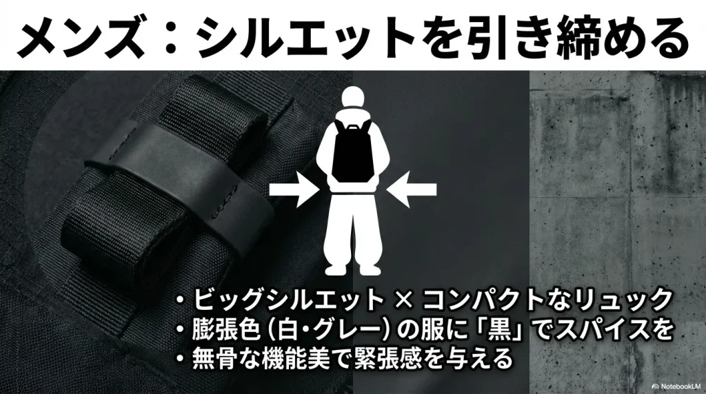 メンズのシルエット術 ：ビッグシルエットにコンパクトなリュックを合わせる 。膨張色の服に黒でスパイスを加え、無骨な機能美で緊張感を与える 。