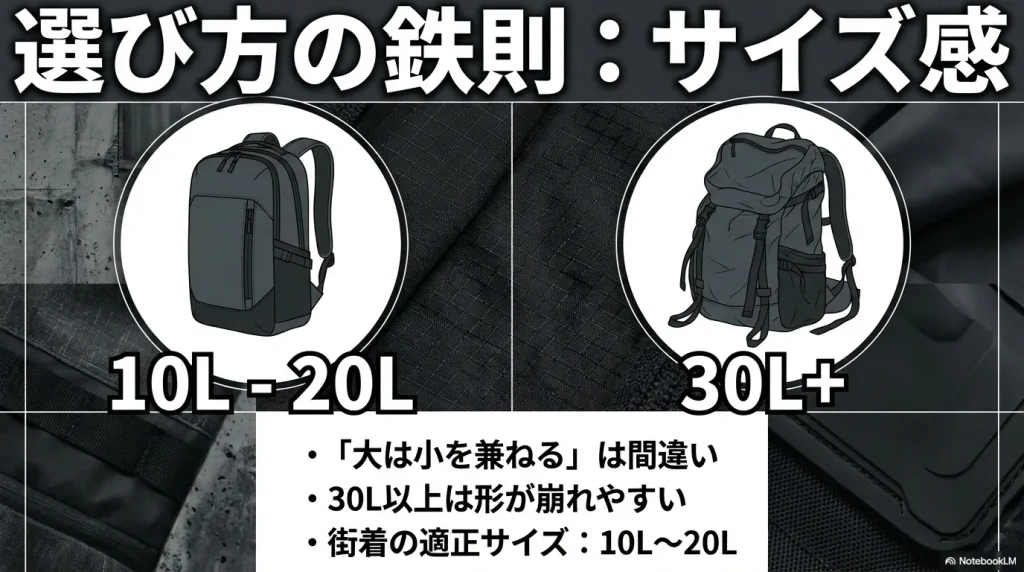サイズ感の鉄則 ：街着の適正サイズは10L〜20L 。30L以上は形が崩れやすく 、「大は小を兼ねる」は間違いであるという解説 。