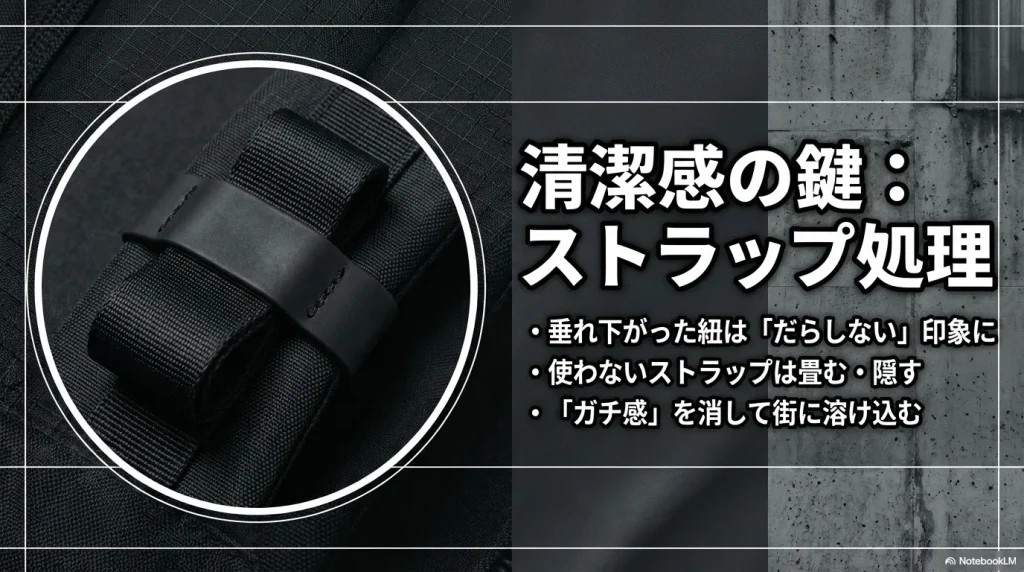 清潔感の鍵となるストラップ処理 ：垂れ下がった紐はだらしない印象を与えるため 、使わないストラップは畳む・隠すことで街に溶け込ませる 。