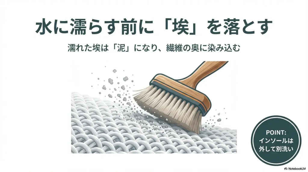 水に濡らす前に埃を落とす重要性と、インソールを外して別洗いするポイントを示すイラスト。