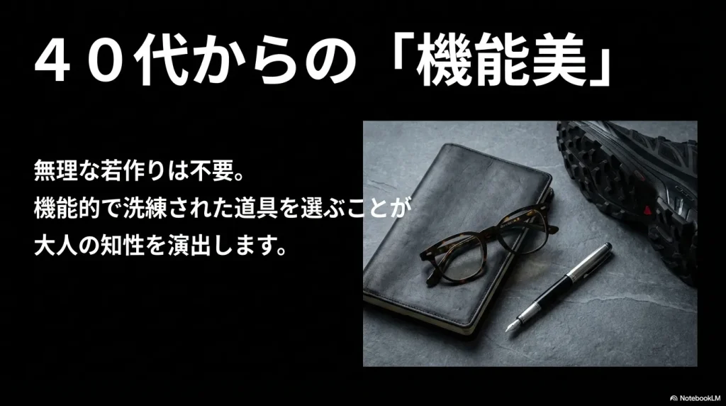 無理な若作りではなく、機能的で洗練された道具を選ぶことが大人の知性を演出することを伝えるスライド