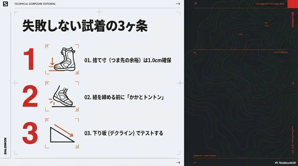 1.捨て寸1cmの確保、2.紐を締める前の「かかとトントン」、3.下り坂でのテスト、という試着時に確認すべき3つのポイント。