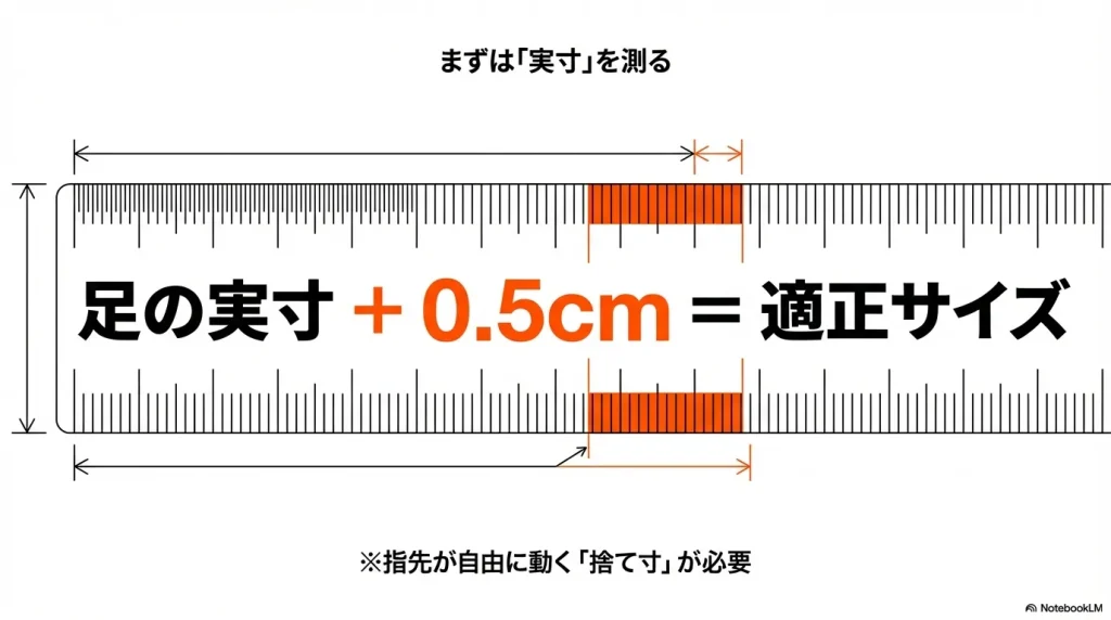 定規を使って足の実寸を測り、指先の捨て寸として0.5cmプラスすることを推奨するイラスト。