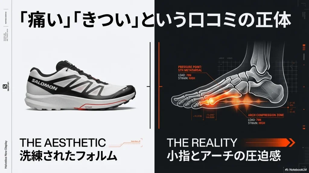 足のレントゲン風イラスト。小指の付け根（第5中足骨）と土踏まずのアーチ部分に高い負荷（HIGH STRAIN）がかかりやすいことを示す図解。