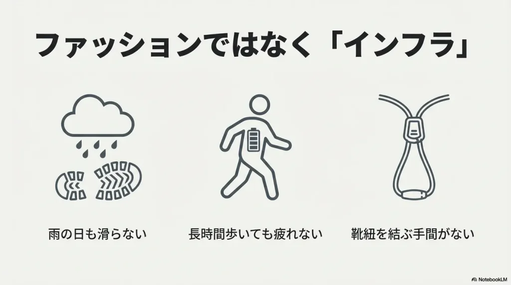 雨の日も滑らない、疲れない、靴紐の手間がない機能性を表すアイコン