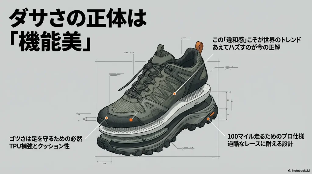 100マイル走るためのプロ仕様といったサロモンの機能性と、あえてハズすトレンドについて解説した画像。