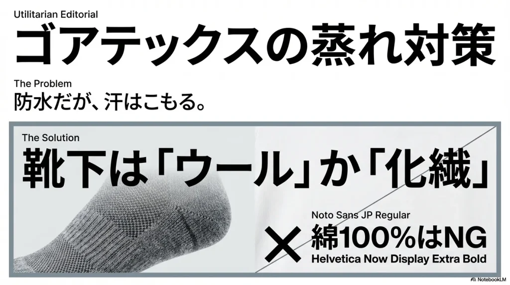 ゴアテックスの蒸れ対策スライド。ウールや化繊の靴下を推奨し、綿100%は避けるべきとの解説