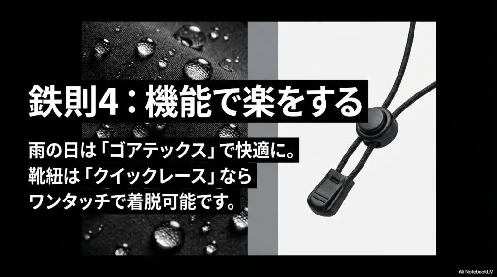 雨の日はゴアテックスで快適に、靴紐はクイックレースでワンタッチ着脱が可能であることを説明するスライド