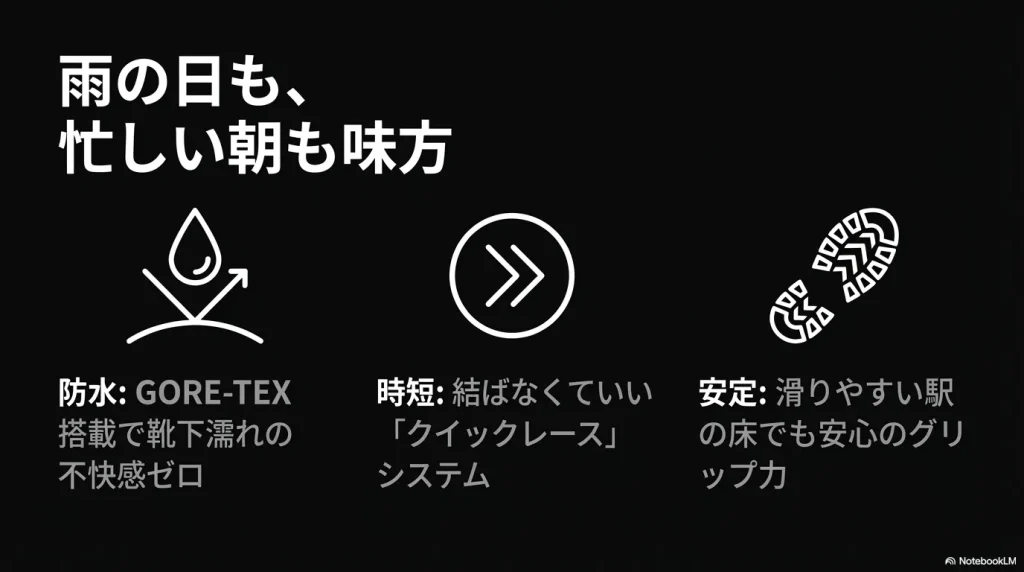 サロモンのGORE-TEX防水性能、クイックレース、グリップ力の解説アイコン