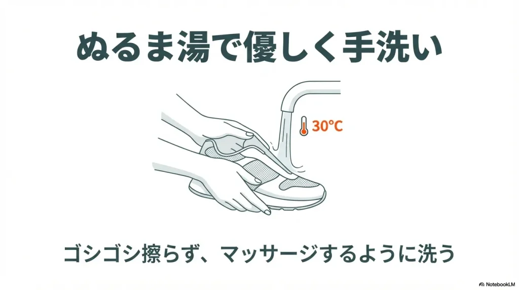 30度のぬるま湯で、ゴシゴシ擦らずにマッサージするように優しく手洗いする手順。