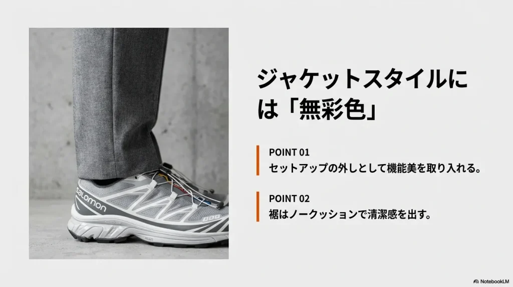 グレーのスラックスの足元にグレーのサロモンを合わせた画像。ノークッションの裾で清潔感を出すポイントの解説。