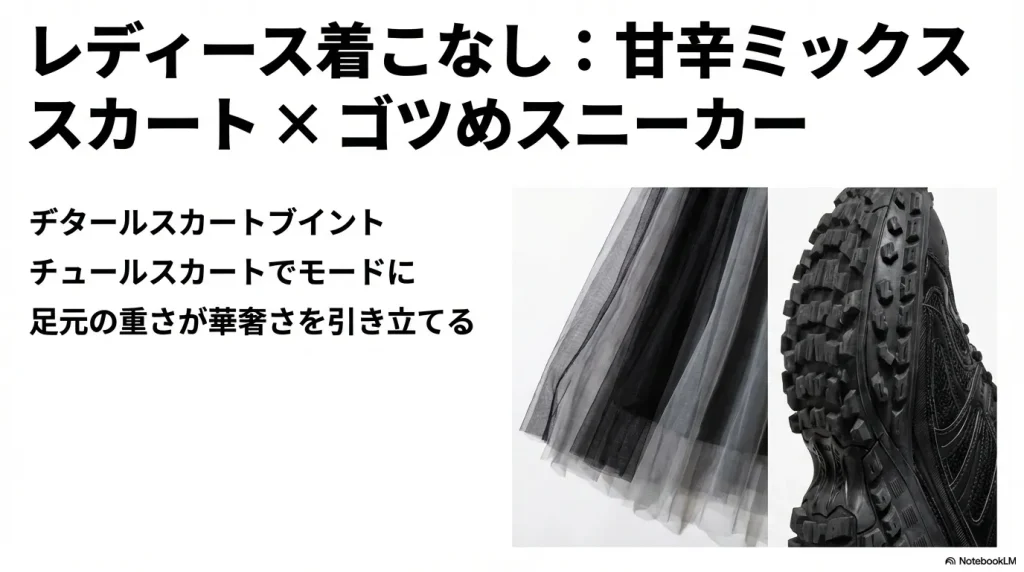 レディース着こなし：甘辛ミックス。チュールスカートと無骨なスニーカーを合わせたモードなスタイル