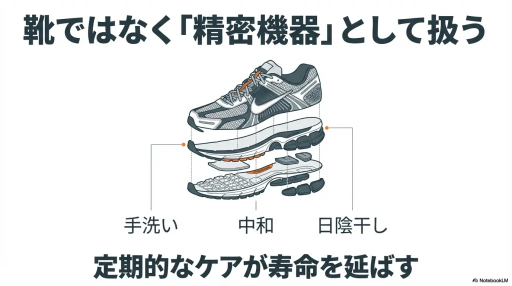 靴を精密機器として扱い、手洗い・中和・日陰干しを定期的に行うことが寿命を延ばすという総括。