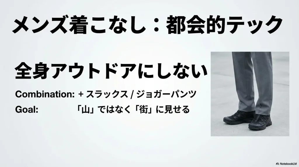 メンズ着こなし：都会的テック。スラックスやジョガーパンツと合わせた街馴染みの良いスタイル
